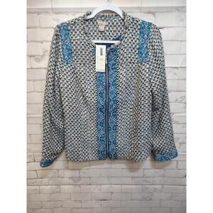 NWT Chico's Tweed Paisley Trim Full Zip Jacket Womens 1 L (8/10) Blue...